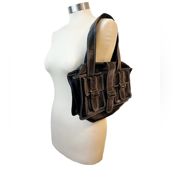 Cynthia Rowley black leather shoulder bag topstitch brass hardware zipper purse - Picture 2 of 9